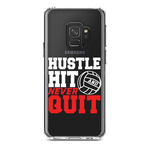 DistinctInk Clear Shockproof Hybrid Case for Samsung Galaxy S9 (5.8" Screen) - TPU Bumper Acrylic Back Tempered Glass Screen Protector - Hustle Hit Never Quit Volleyball