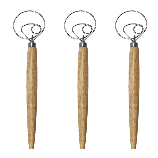 Batidores de masa daneses de 3 piezas, herramientas de batidor de mezcla premium para hornear en la cocina, mango de madera, Manual de acero inoxidable