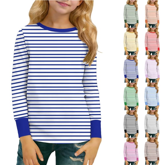 Xcmzpl 5-16Y Long Sleeve Striped Shirts for Kids Crew Neck Color Block T Shirts Lightweight Summer Pullover Tops for Girl Boy