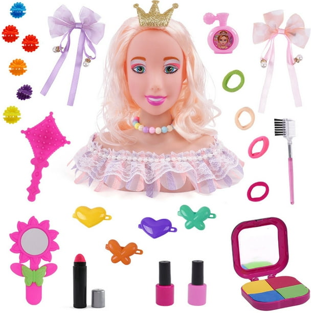 Cabeza de muñeca de lujo para peinar con accesorios de maquillaje | Juego de simulación de peluquería para niñas | Juguete de peluquería suave con peine y secador