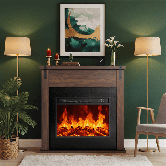 LIGHTINN 36" Freestanding Electric Fireplace with Mantel, Modern Minimalist TV Stand Electric Fireplace Mantel for Living Room Bed Room, Walnut