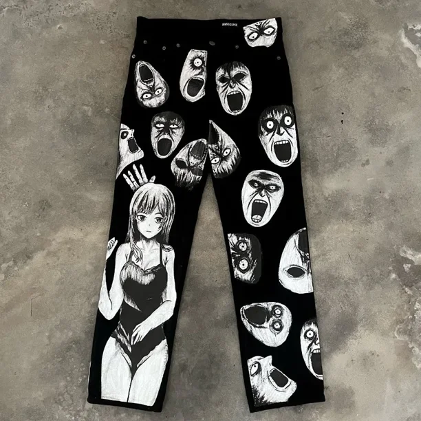 Pantalones anchos de pierna de gran tamaño con estampado de dibujos animados de estilo retro oscuro de calle para mujer, pantalones lavados de cintura alta de marca de moda Y2k Harajuku
