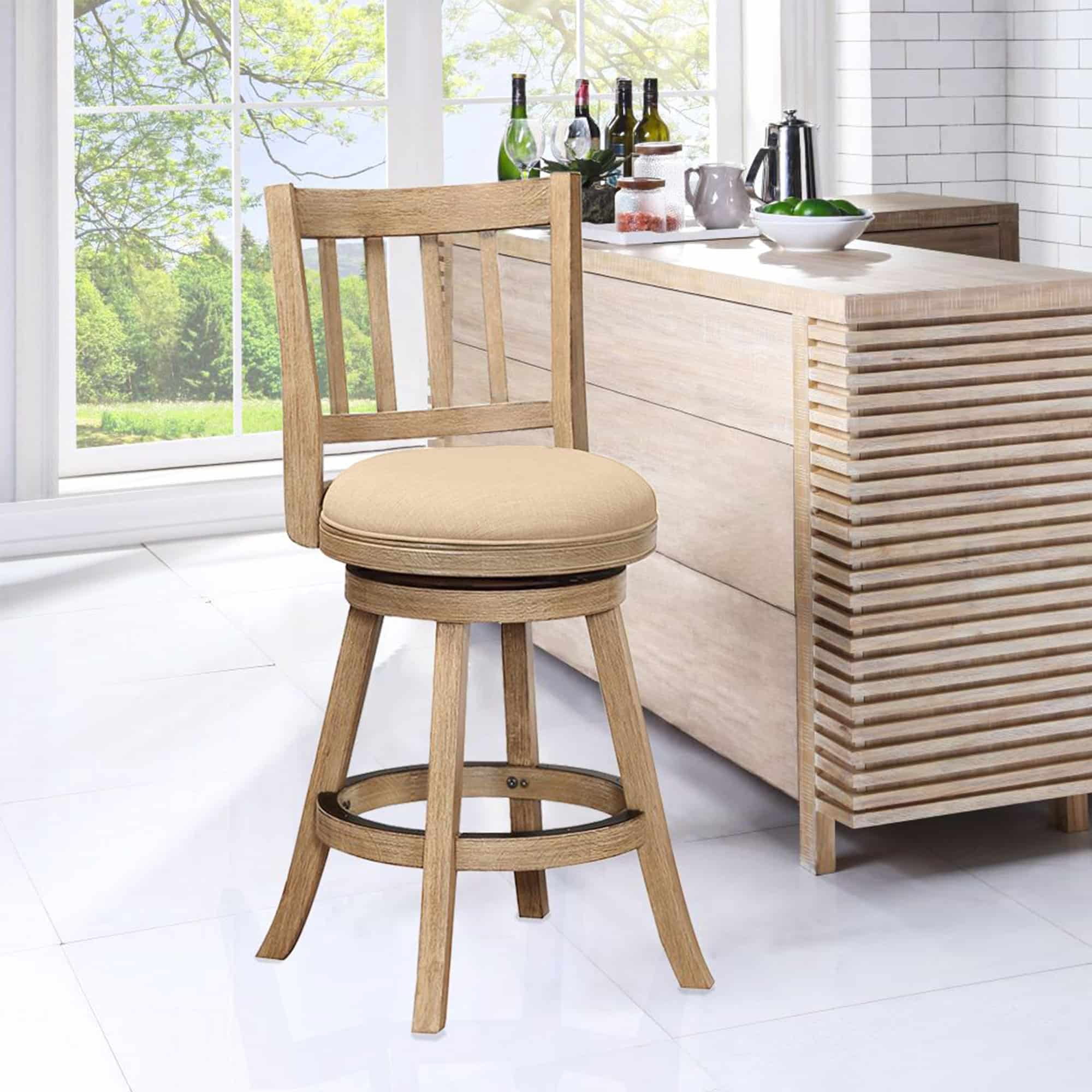 Boraam Sheldon Swivel Wood Counter Stool in Driftwood Wire-Brush and Oatmeal