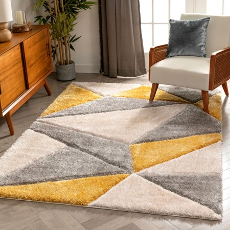 Well Woven San Francisco Venice Yellow Modern Geometric Abstract 5'3" x 7'3" Shag 3D Textured Area Rug