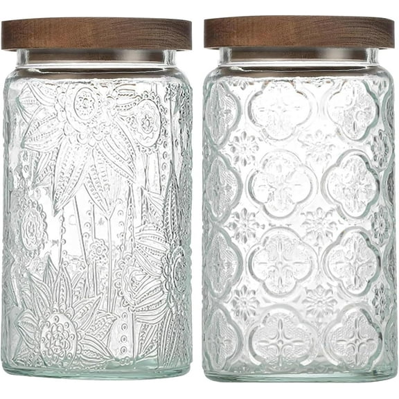 34 OZ Airtight Glass Storage Jar with Bamboo Lid - Vintage Glass Jar Vintage Food Containers Canisters Set for Kitchen Counter & Pantry - Ideal for Sugar, Flour, Coffee, Tea, Candy, Oats -2 Pack