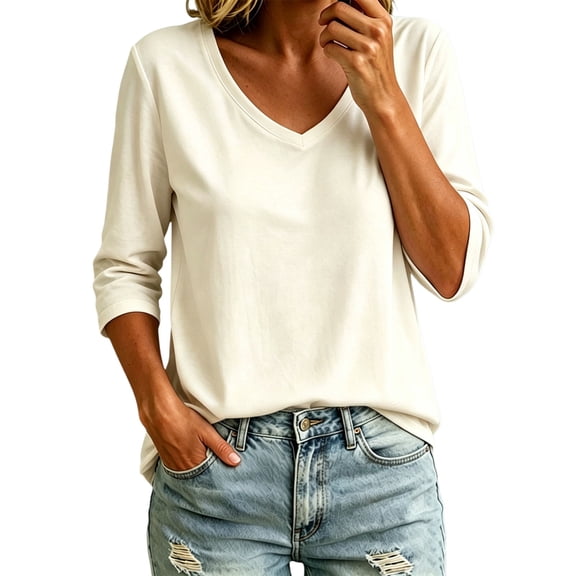 QASIEATN Trendy Essentials Clothing for Women: Graceful Versatile Color V Neck 3/4 Sleeve Loose T Shirt Top Fall Fashion Outfits for Women