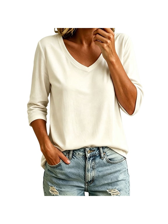 Basic Tee Shirts V Neck Three Quarter Sleeve Loose Fit Solid T Shirt Soft Stretch 3/4 Length Sleeve Casual Tunic Tops Dressy Casual Blouses Basic Tees Basic Layer Tops for Women Beige L