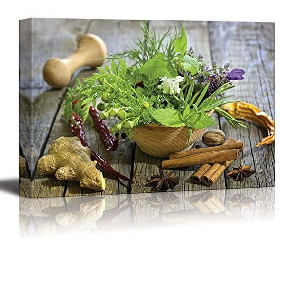Still Life Closeup of Fresh Herbs and Spices on Vintage Wooden Boards - Canvas Art Wall Art - 16" x 24"