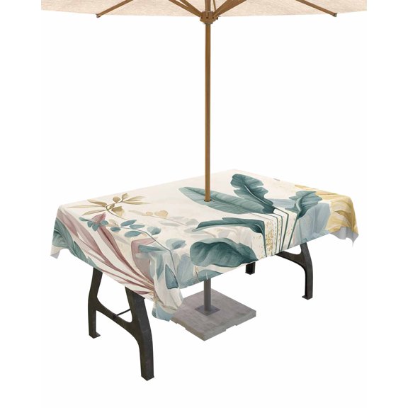 Fsddascl Sage Green Tropical Leaves Outdoor Tablecloth - 52x70 Inch Rectangle Dining Table Cover, Watercolor Botanical Waterproof Outdoor Table Cloth with Umbrella Hole & Zipper for Picnic/Patio