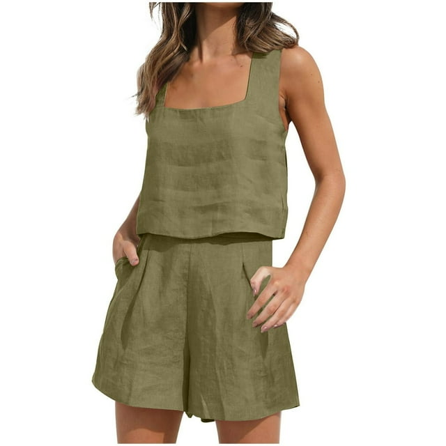Womens 2 Piece Outfits Linen Square Neck Crop Tops Short Set 2023 Lounge Matching Sets Trendy Clothes Beach Summer