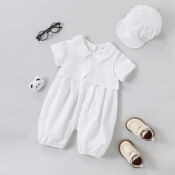 Boys Summer Outfits Baby Boys Short Sleeve White Jumpsuit with Hat 2 Piece Set Boys' Clothing Sets White 0-3 Months
