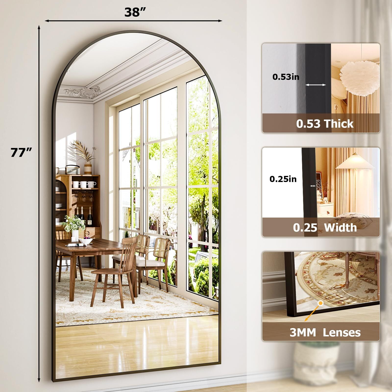 SHATTERVUE 77"x38" Arched Large Full Length Mirror Floor Mirrors Wall Mounted,Black