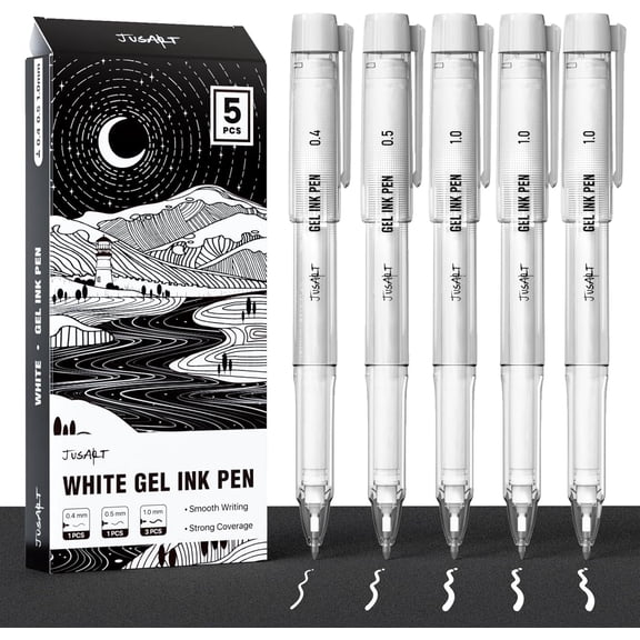 JusArt White Gel Pens with 0.4mm, 0.5mm & 1.0mm Assorted Tips, Opaque White Ink Pens for Black Paper, Drawing, Journaling & DIY Crafts, Ideal Drawing Pens for Artists & Art Supplies, 5 Pack