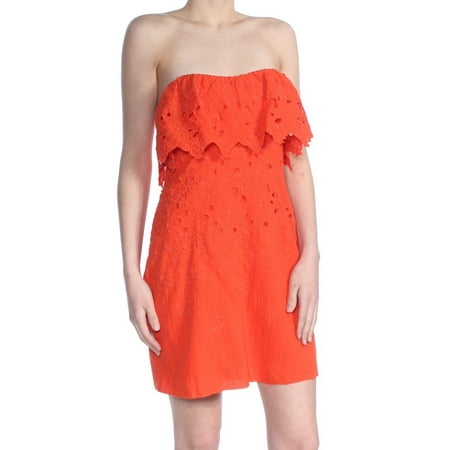 Sheath Strapless Court Train - FREE PEOPLE Womens Orange Lace Floral Sleeveless Strapless Above The Knee Sheath Dress Size: 6