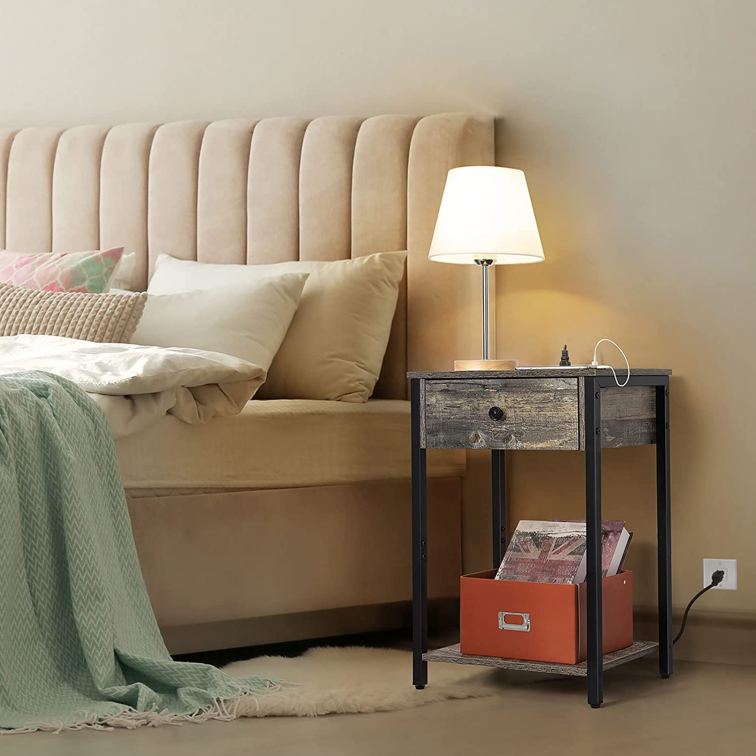 Oumilen Adult Nightstand End Table with Charging Station, USB Ports, Drawer and Storage Shelf, Gray