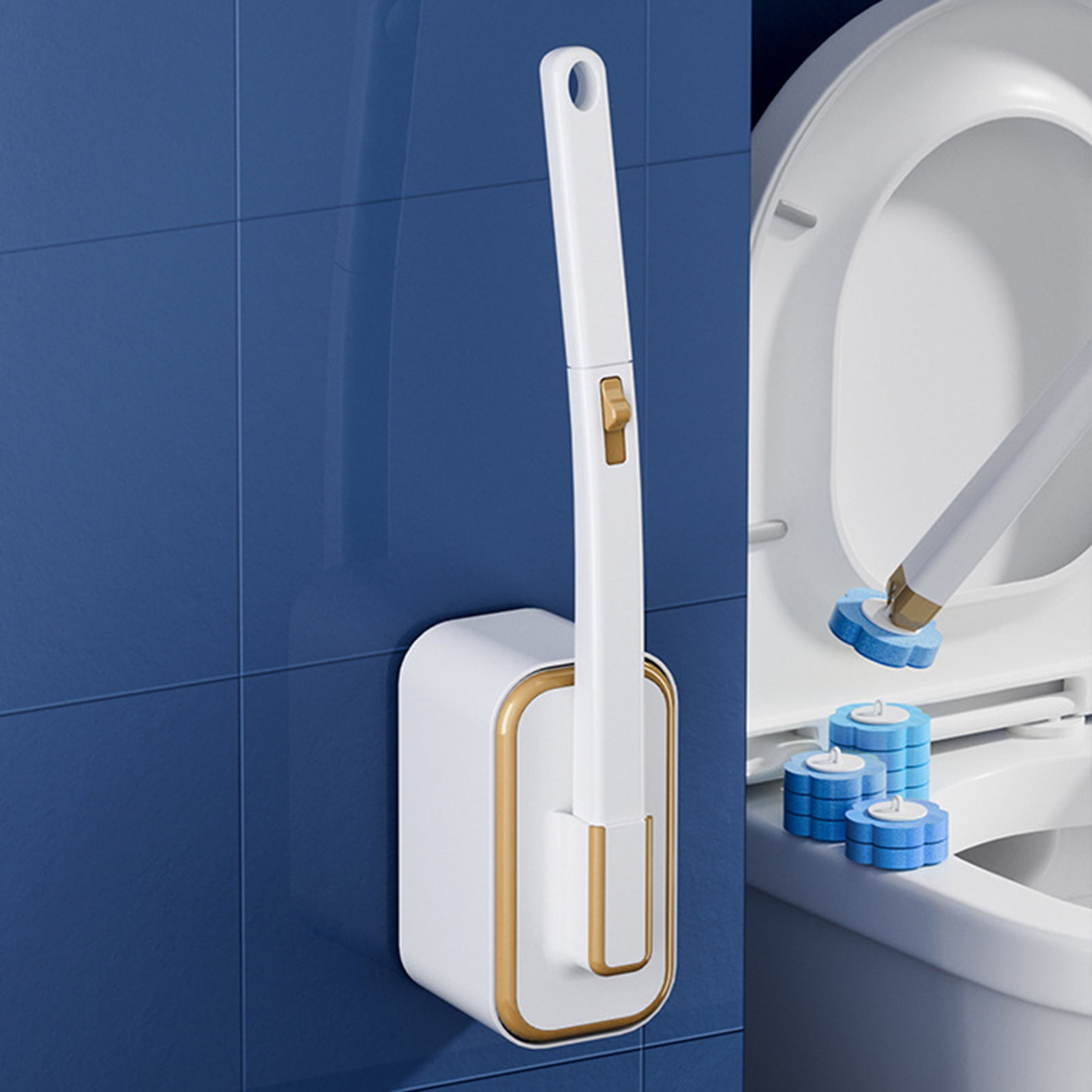 Opvise Disposable Toilet Brush with Water-Soluble Head - Ergonomic Handle, Wall-Mounted Base, Multi-Surface Cleaning Tool for Bathroom, Sink, and Floors