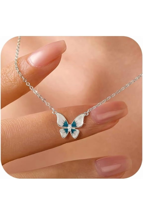 Cute Butterfly Necklaces for Women 14K Gold Plated Blue Enamel Butterfly Insect Choker Pendant Necklace 925 Sterling Silver CZ Charm Chain Necklace Jewelry Christmas Gifts to Daughter