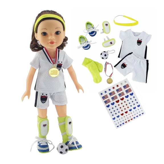 Emily Rose Doll Soccer Uniform for 14 inch dolls - 14.5-Inch Doll 11 Piece Soccer Playset with Accessories