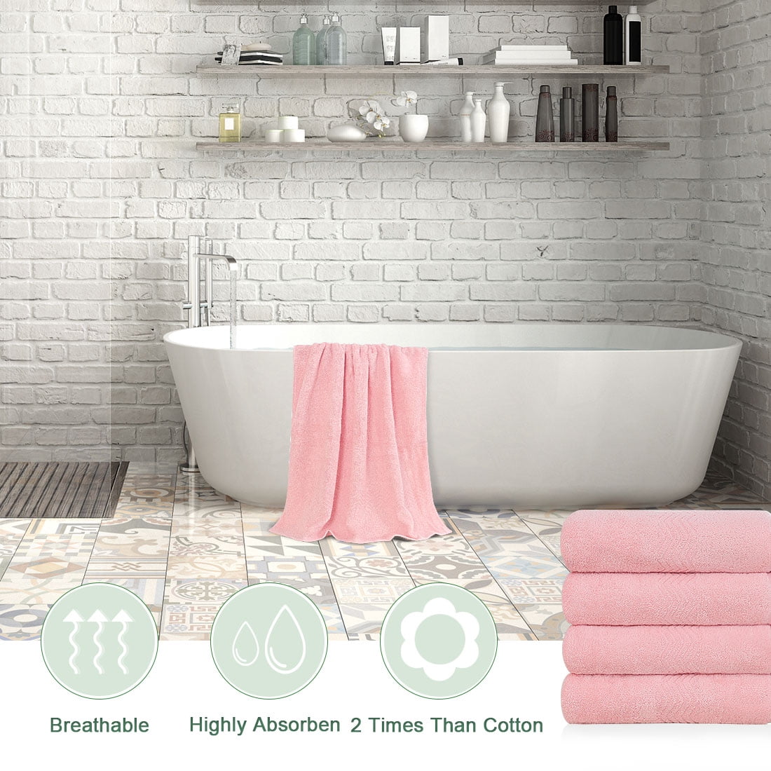 PiccoCasa 4PCS Cotton Home Spa Hotel Bath Towels Soft Absorbent 27"x54" Pink