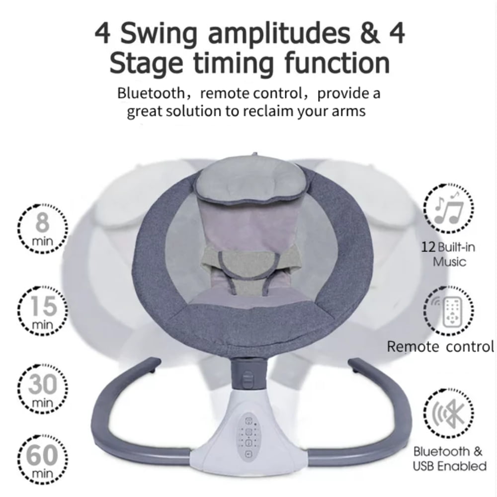 BEJOLO Electric Baby Swing for Infants, Portable Baby Bouncer with Remote Control,bluetooth Music, Gray