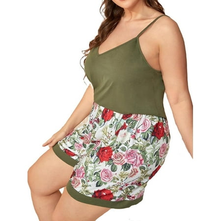 

Casual Floral Print Cami Strap Short Sets Sleeveless Army Green Plus Size Pajama Sets (Women s)