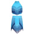 thumbnail image 5 of TiaoBug Kids Girls Latin Dance Outfits Fringe Tassels Halter Backless Crop Top with Mini Skirts Dancewear Light Blue 14, 5 of 7