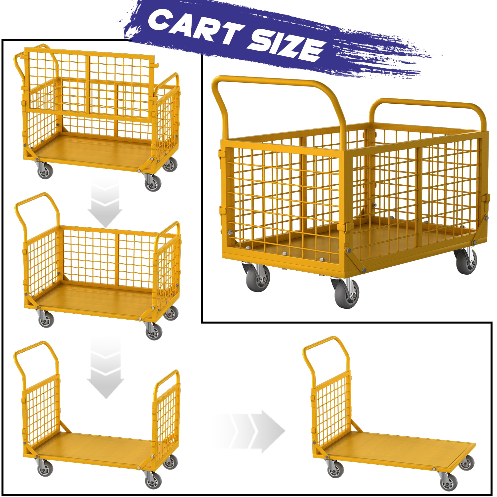 Platform Truck Cart with Cage,Foldable Platform Truck Heavy Duty Push Cart Dolly Load 2250LB Swivel Casters,Large Flatbed Hand Truck Cart for Grocery/Laundry/Stall/Storage(38.6L x 24W x 35.8H)