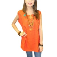 Mogul Women's Orange Embroidered Cotton Tunic Blouse Top S