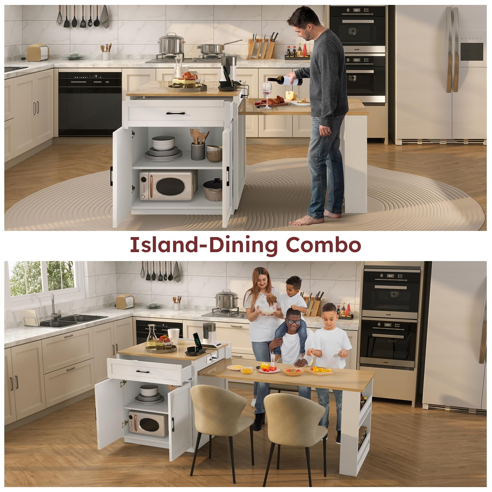ZIVACATE 82.7"L Expandable Retractable Kitchen Island for 4-6 Person, Faux Marble Top Kitchen Island with Storage Built-in Power Outlet,White