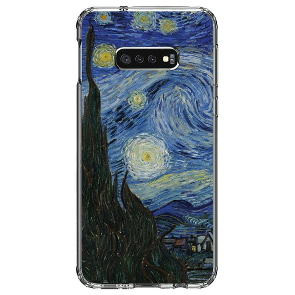 DistinctInk Clear Shockproof Hybrid Case for Samsung Galaxy S10e (5.8" Screen) - TPU Bumper, Acrylic Back, Tempered Glass Screen Protector - Van Gogh Starry Night - Classic Art