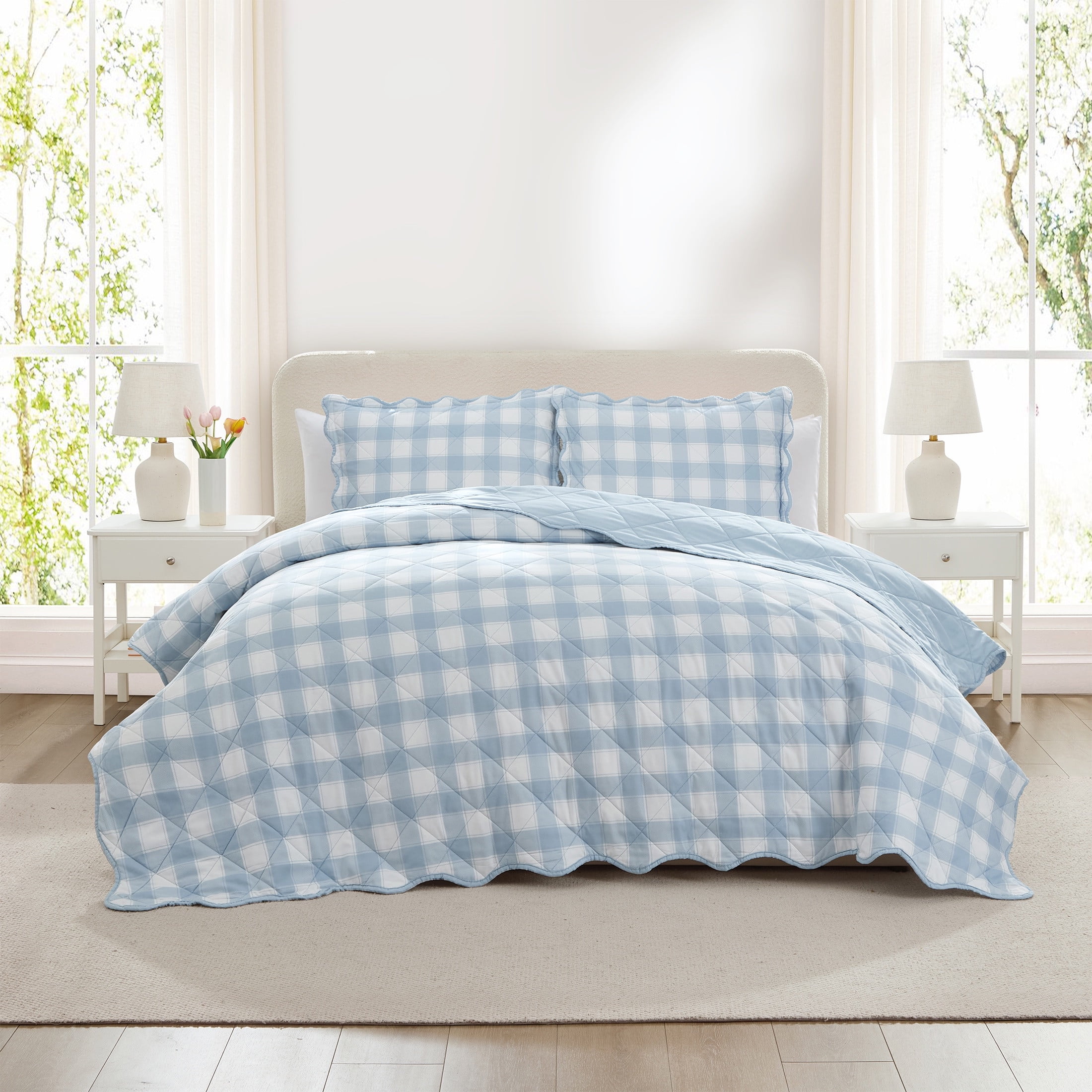 Hallmark Checkered Bliss 3-Piece Blue Scalloped Adult Quilt Set, King
