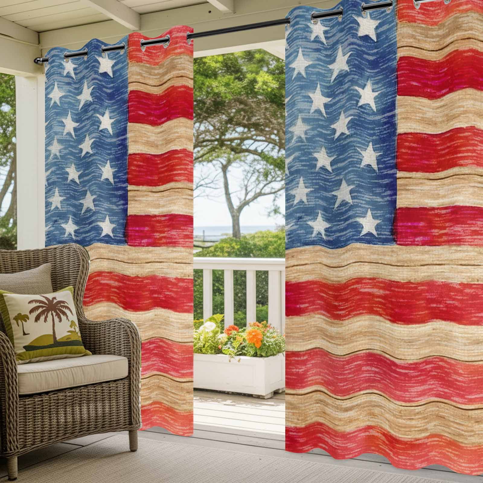 Independence Day Outdoor Curtains for Patio, Rustic Red Blue Flag Wood Stripes Sunshade Privacy Drapes Grommet Waterproof Outside Curtains for Porch/Cabana/Balcony 54"x 108", 1 Panel
