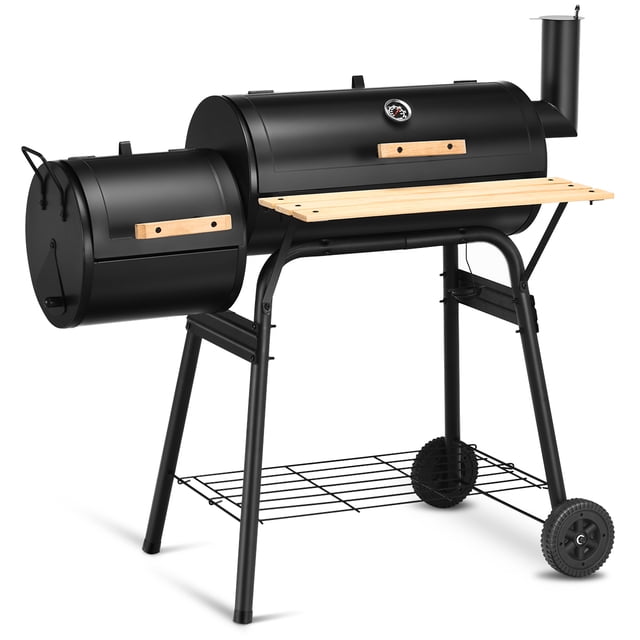 Parrilla de carbón BBQ con ahumador lateral, cocinero de carne para parrilla de barbacoa con caja de fuego lateral, mesa lateral, estante, asas de madera, dos ruedas