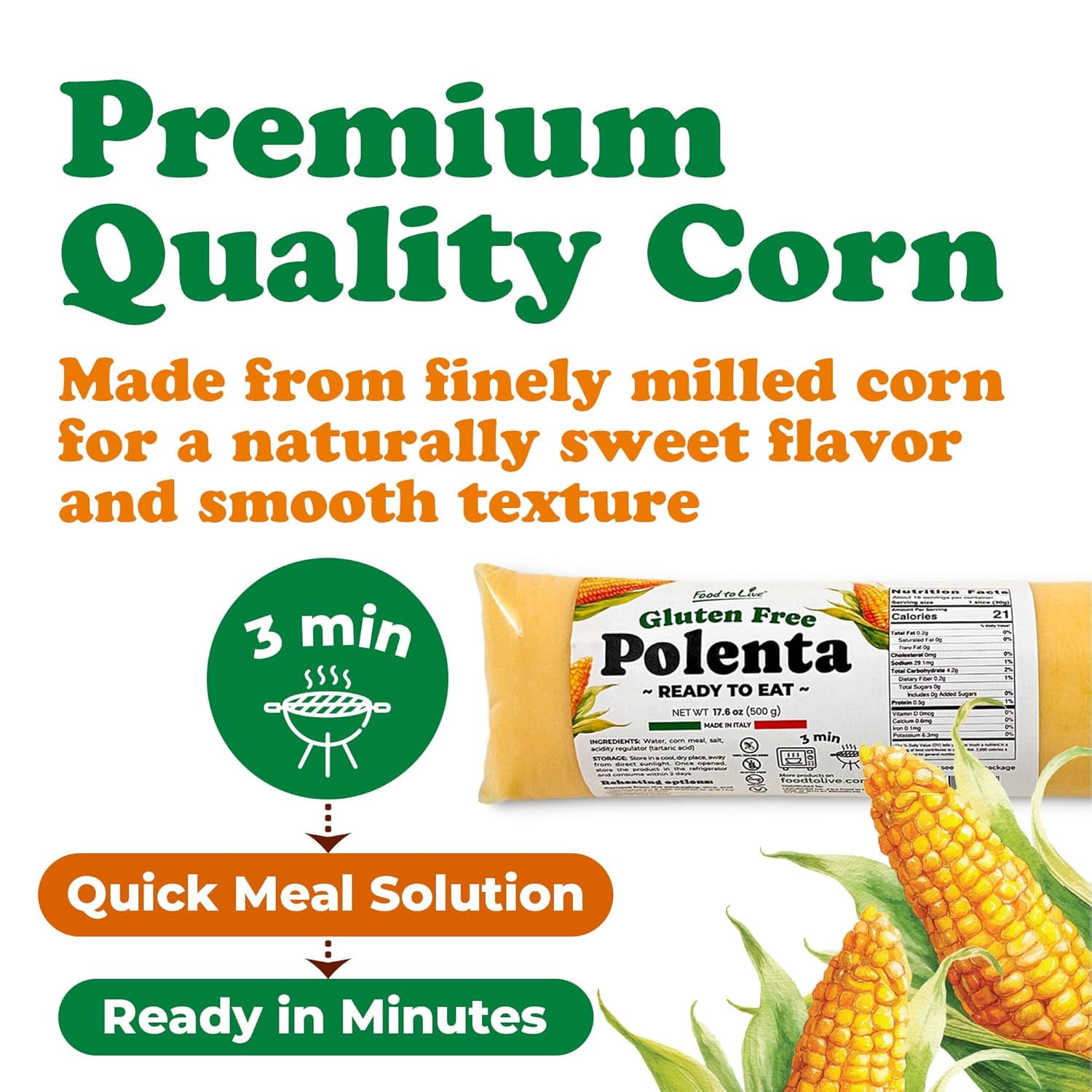 Food To Live Gluten-Free Polenta Ready To Eat, 17.6oz (500g) – Traditional Italian Pre-cooked Yellow Cornmeal, Vegan (Pack of 12)
