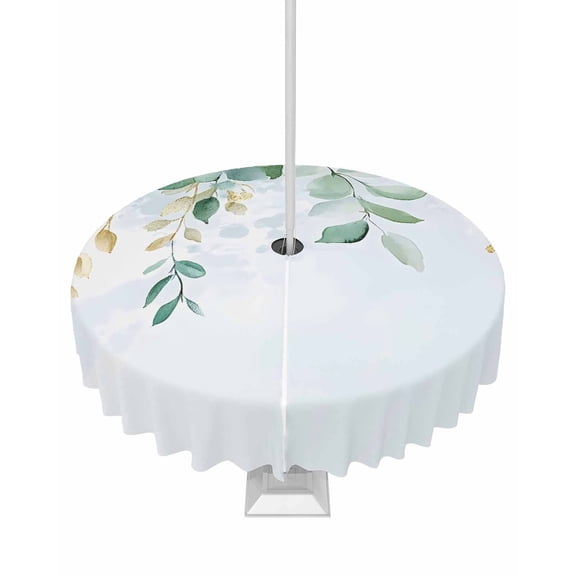 Fsddascl Eucalyptus Leaves Outdoor Tablecloth - 60 Inch Round Dining Table Cover, Weeping Teal Botanical Summer Waterproof Outdoor Table Cloth with Umbrella Hole & Zipper for Picnic/Patio/Party
