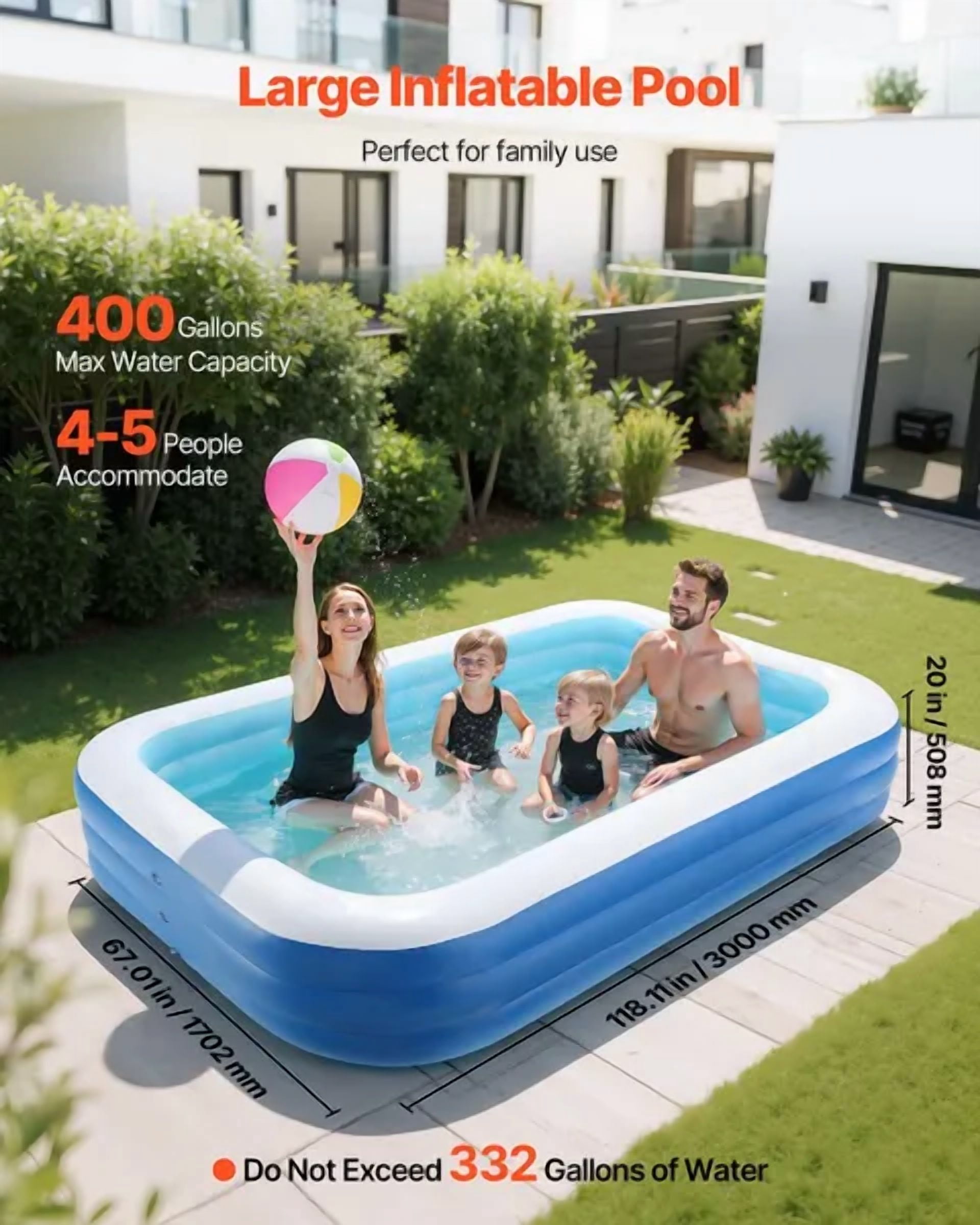 Large Inflatable Swimming Pool 118 x 67 x 20 Inch Family Blow Up Pool with Repair Patches for Kids Adults Indoor Outdoor Summer Water Party