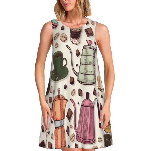 Easygdp Vintage Coffee para Vestido Transpirable de Mujer, Vestido Suelto de Manga Corta con Pliegues y Bolsillos para el Verano
