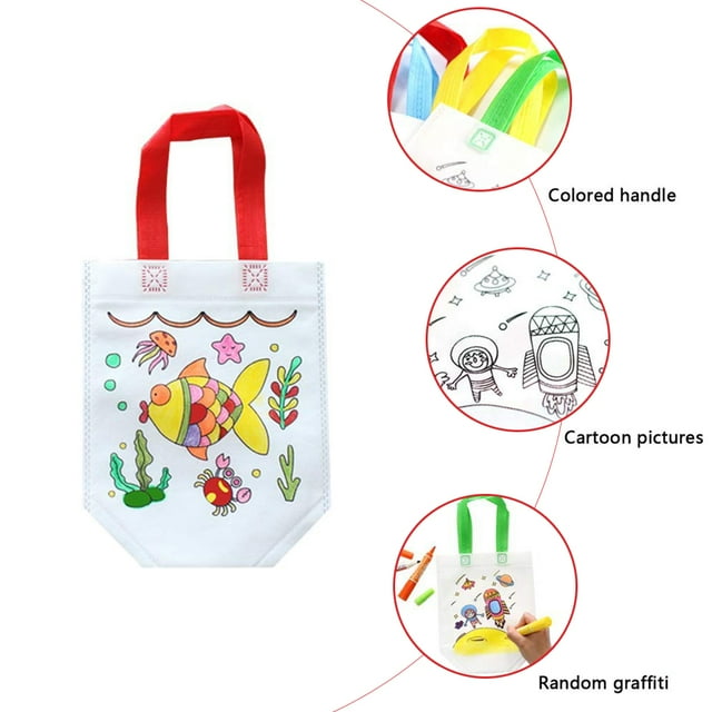 Niños Diy Pintura Bolso De Mano Bolsas De Comestibles No Tejidas 12 Piezas DIY Graffiti Tote Bag Bolsas De Comestibles No Tejidas Para Niños Artes Y Manualidades Relleno De Color ANGGREK No