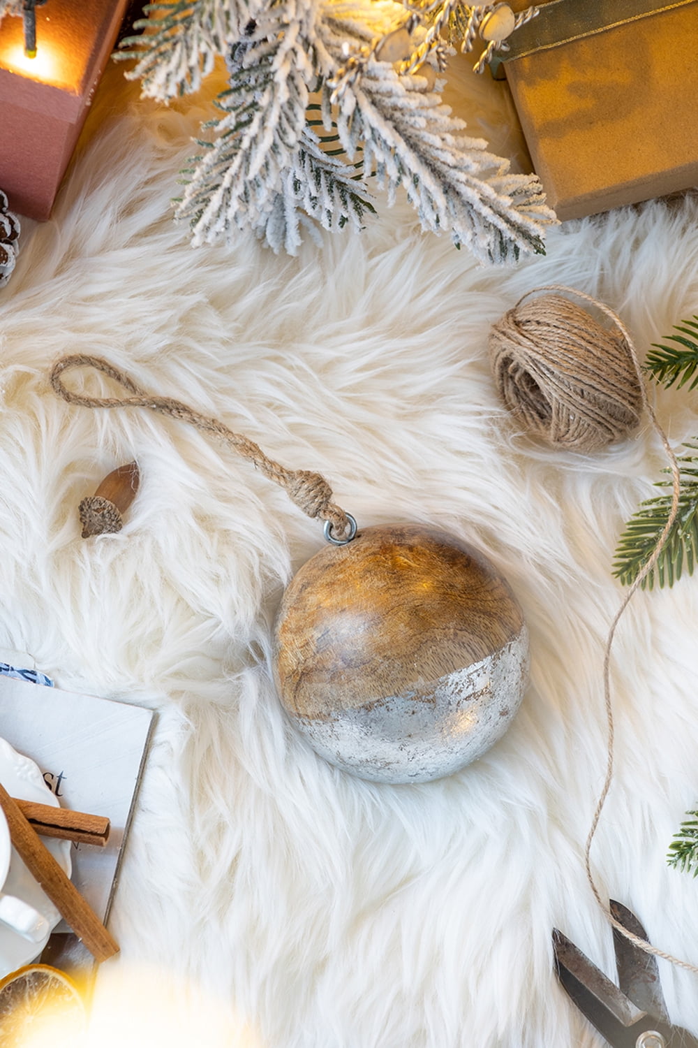 Set of 4 Natural Wood and Antiqued Silver Ball Ornaments Mango Wood Jute Hanger Tree Decor