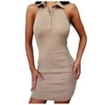 thumbnail image 2 of Women Dresses Plus Solid Dresses Sexy Sleeveless V-neck Fashion Dresses Khaki Trendy Skirt Size S, 2 of 6