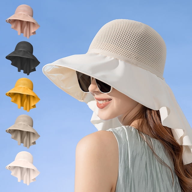 Sombrero de protección solar de verano femenino | Chal de escote exterior de ala ancha, visera UV, algodón transpirable, ligero, para pesca, senderismo, viajes, negro/rosa/beige/caqui/amarillo