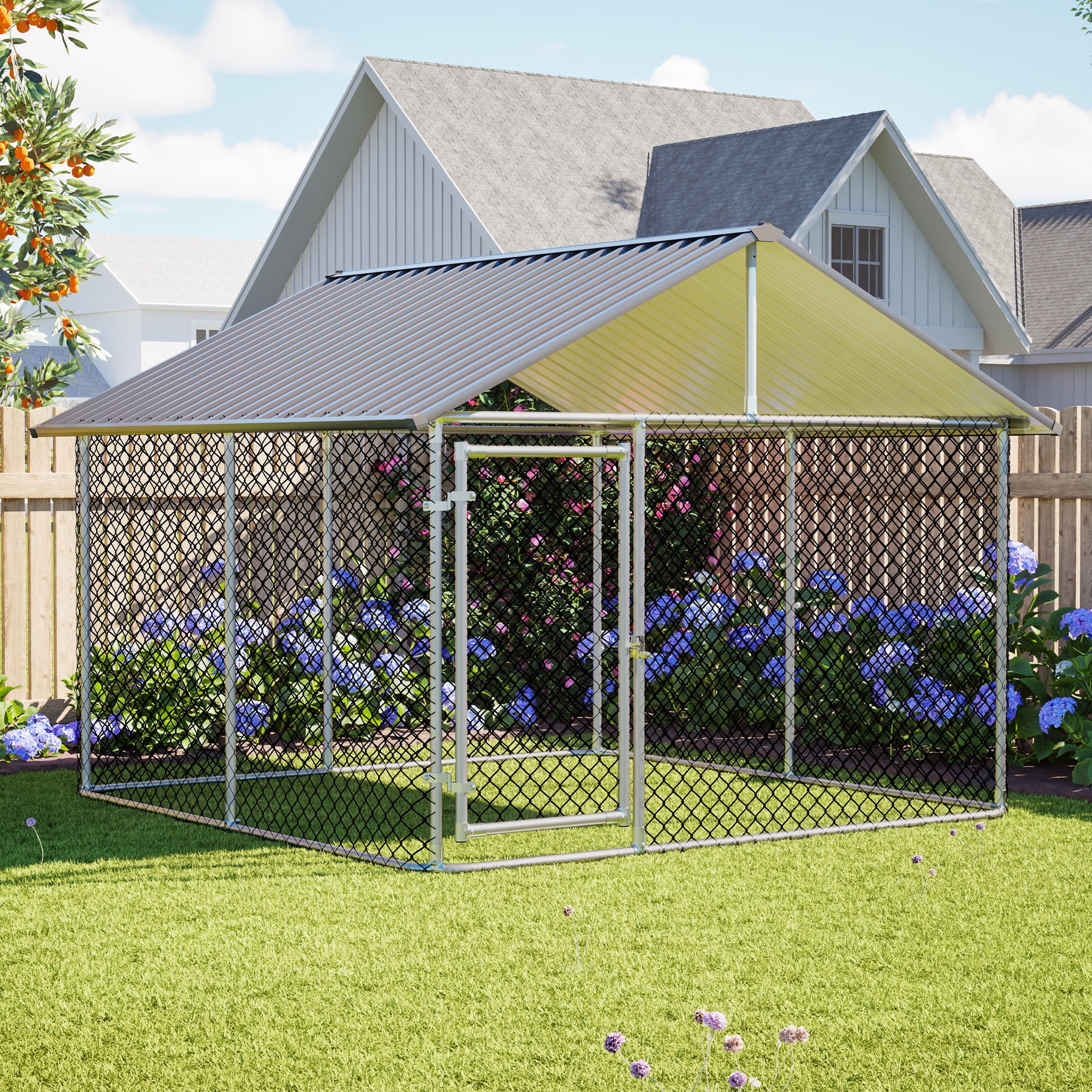98" x 73"Heavy Duty Dog Kennel with Roof, Large Outdoor Metal Dog Cage, Waterproof Anti-UV Dog Run with Lockable Door, Spacious Dog House for Backyard,Grey