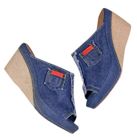 

Denim Platform Wedges Women Espadrille Wedges Sandals with Knotty Bow Detail
