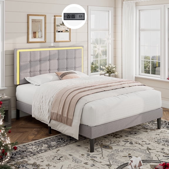 VanAcc Full Size Bed Frame with LED Headboard, Linen Button Tufted Upholstered Platform Bed with USB Charging Station, Slats Support, Light Grey