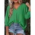 thumbnail image 6 of Women Blouses Dressy Casual V Neck 3/4 Length Sleeve Womens Tops with Smocked Cuffs Green L, 6 of 7