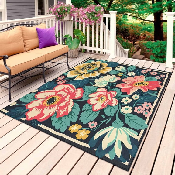 Spring Floral Outdoor Rug for Patio/Deck/Porch, Non-Slip Large Area Rug 5 x 7 Ft, Watercolor Vintage Red Yellow Green Indoor Outdoor Rugs Washable Area Rugs, Reversible Camping Rug Carpet Runner