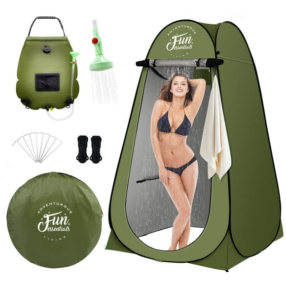 FUN ESSENTIALS Kit de tienda de campaña de ducha solar, 2 piezas, privacidad emergente instantánea, bolsa de ducha solar de 5 galones, tienda de campaña de privacidad para campamento al aire libre, fá