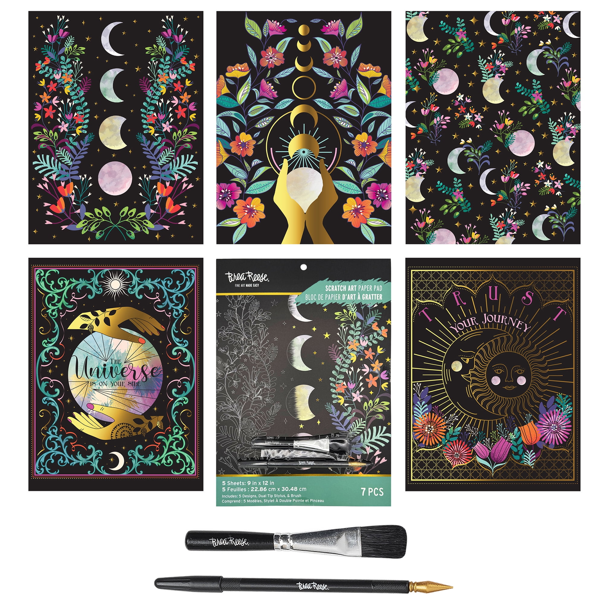 Brea Reese: Scratch Art Paper Pad - Spring Celestial - 5 Nature Designs, Metallic Foil, Dual-Tip Stylus & Brush, Easy-to-Frame 9x12 Pages, Adult Craft