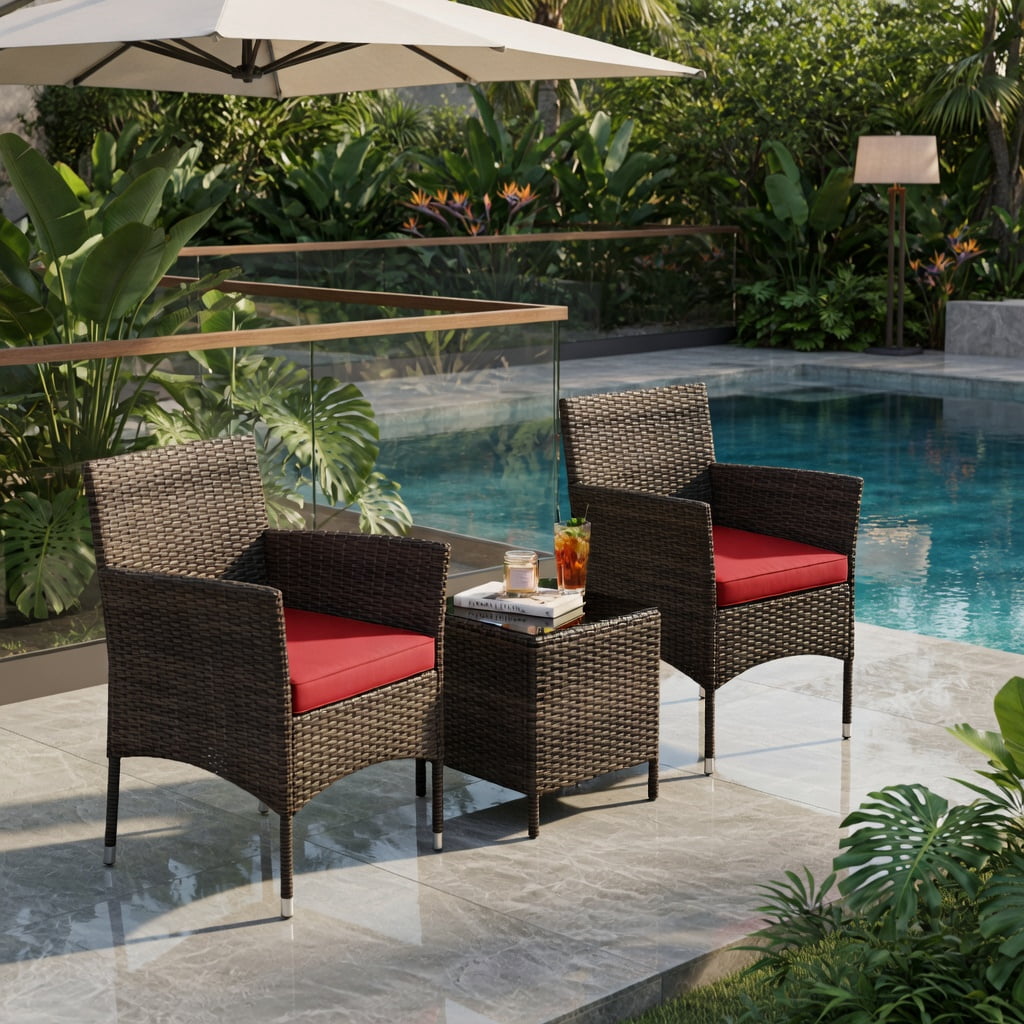 Hommoo 3-Piece Outdoor Wicker Conversation Set, Tempered Glass Coffee Table, PE Rattan & Metal Frame, Weather-Resistant Patio Seating for Backyard, Poolside & Porch, Red