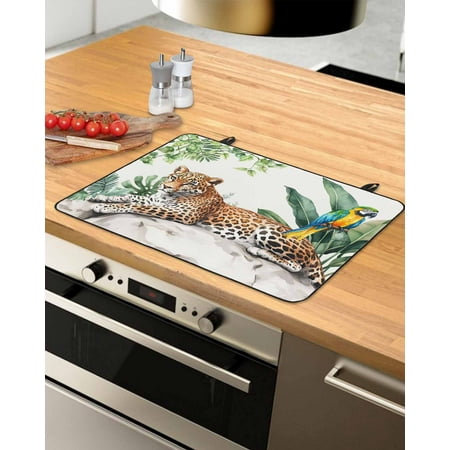 nqOlkjepod Large Induction Cooktop Protector Mat 28.5 x20.5 Tropical Leopard Parrot Stove Top Covers for Electric Stove Watercolor Summer Palm Leaf Stove Burner Cover Mats Glass Top Stove Cover
